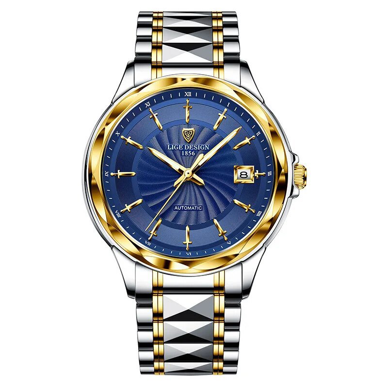 Gold blue_Mens Automatic Mechanical Watches Luxury Brand Business Tungsten Steel Waterproof WristWat
