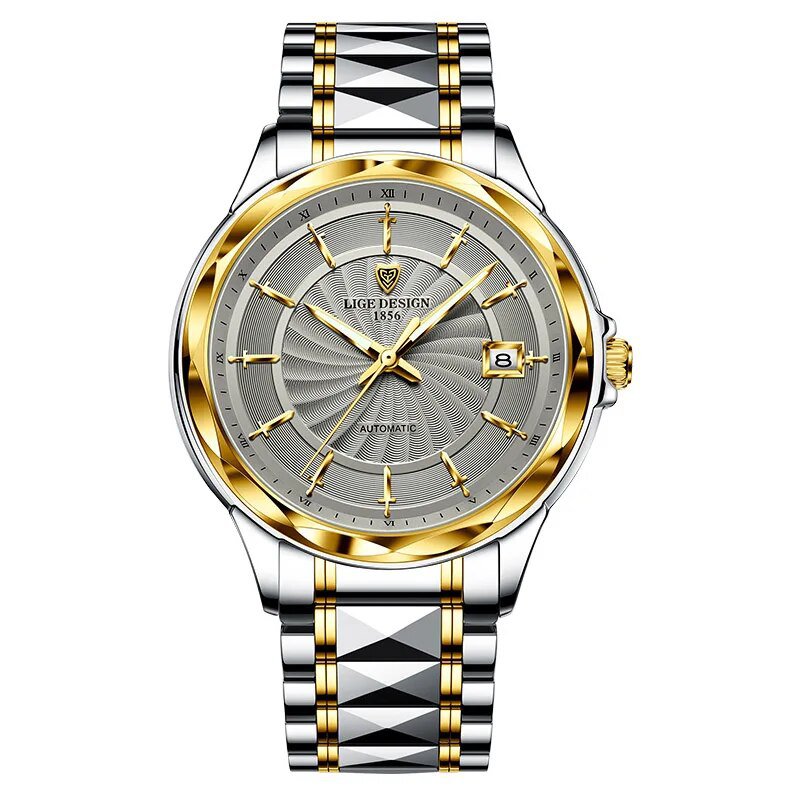 Gold grey_Mens Automatic Mechanical Watches Luxury Brand Business Tungsten Steel Waterproof WristWat