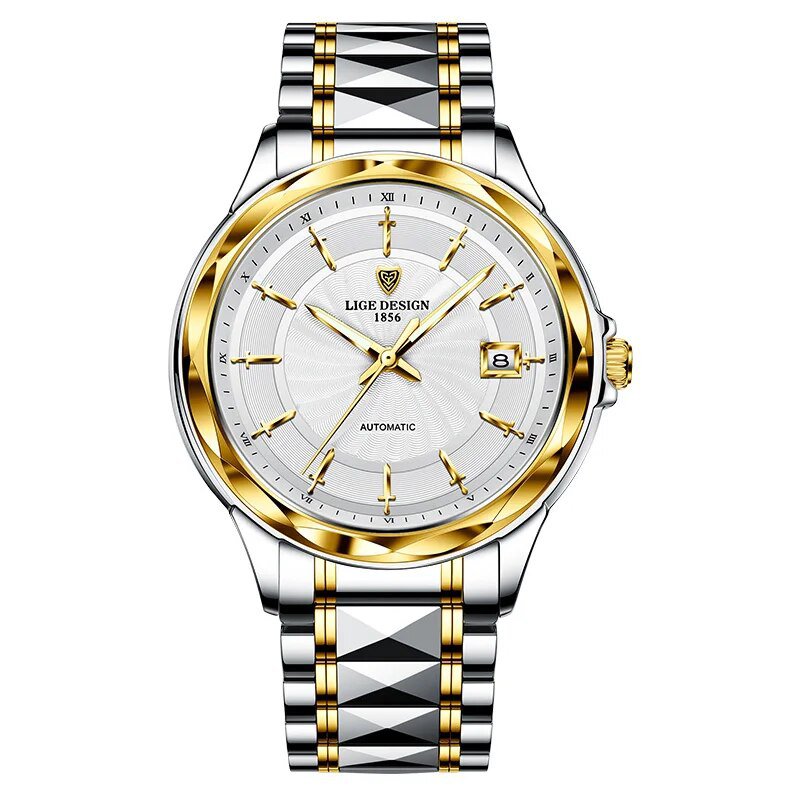 Gold white_Mens Automatic Mechanical Watches Luxury Brand Business Tungsten Steel Waterproof WristWa