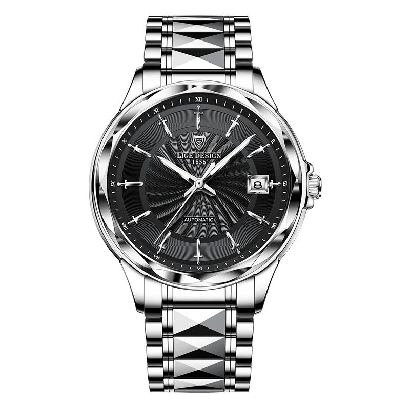 Silver black_Mens Automatic Mechanical Watches Luxury Brand Business Tungsten Steel Waterproof Wrist
