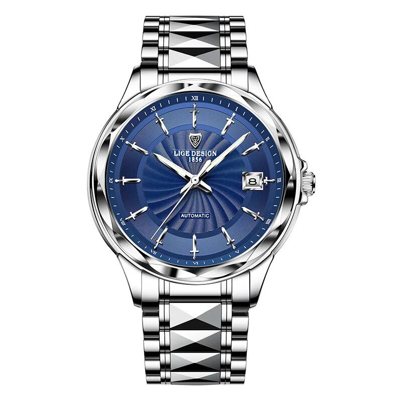 Silver blue_Mens Automatic Mechanical Watches Luxury Brand Business Tungsten Steel Waterproof WristW