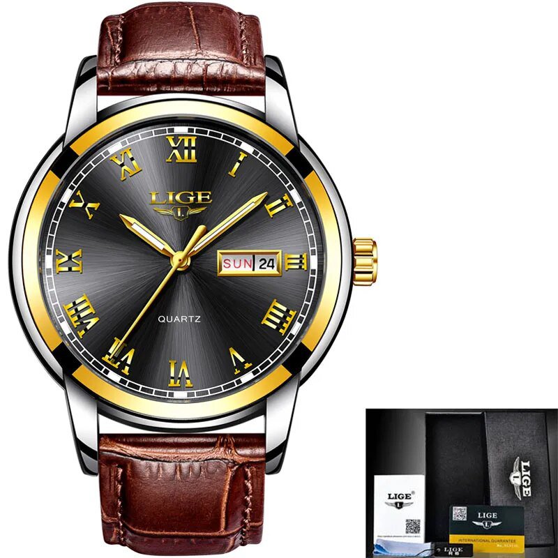 gold black leather_Luxury Brand Men Stainless Steel Gold Watch Men's Quartz Clock Man Sports Waterpr