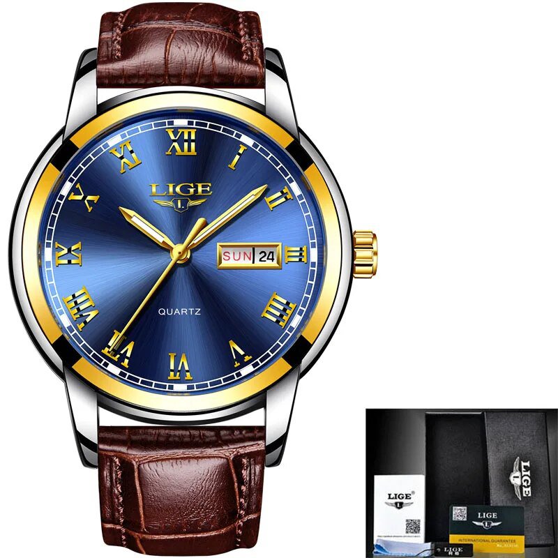 gold blue leather_Luxury Brand Men Stainless Steel Gold Watch Men's Quartz Clock Man Sports Waterpro
