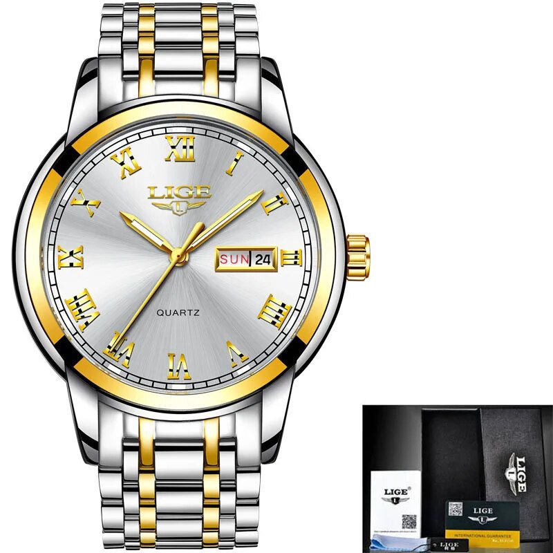 gold white steel_Luxury Brand Men Stainless Steel Gold Watch Men's Quartz Clock Man Sports Waterproo