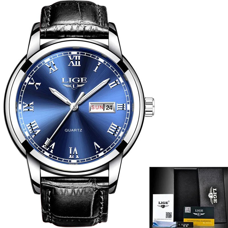 silver blue leather_Luxury Brand Men Stainless Steel Gold Watch Men's Quartz Clock Man Sports Waterp