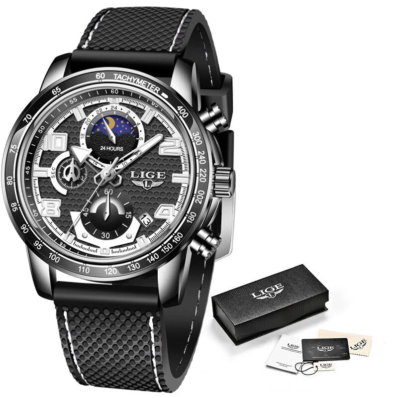 All black_2021  Official Store  Waterproof Silicones Strap Quartz Mens Watches For Men Top Brand Lux