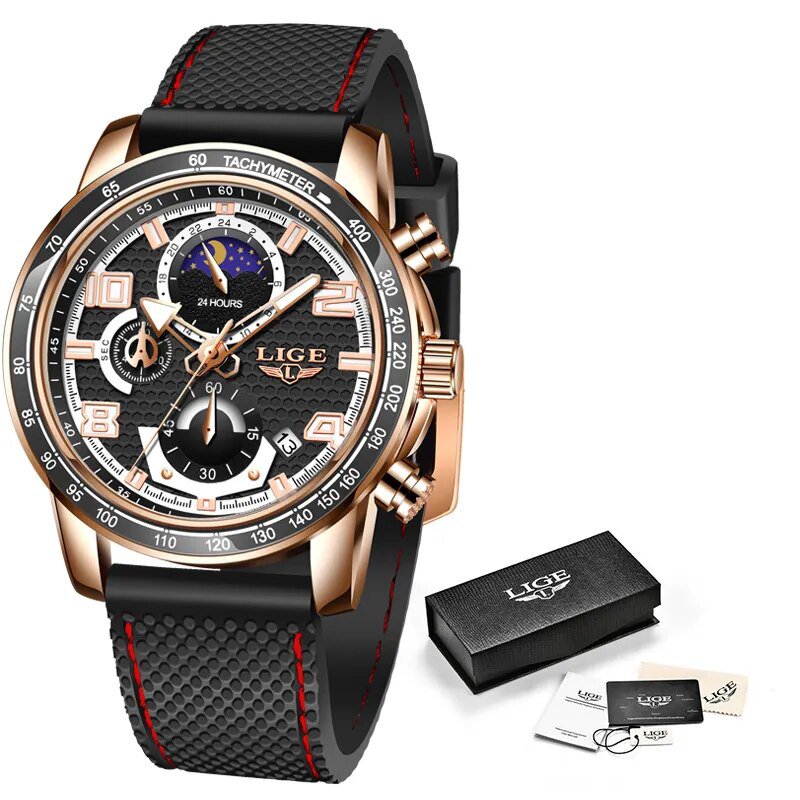 Gold black_2021  Official Store  Waterproof Silicones Strap Quartz Mens Watches For Men Top Brand Lu