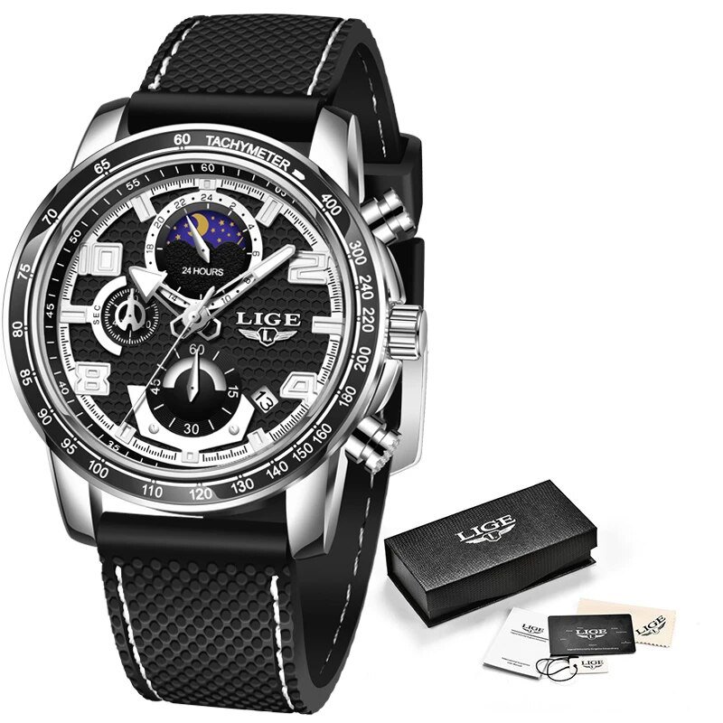 Silver black_2021  Official Store  Waterproof Silicones Strap Quartz Mens Watches For Men Top Brand 