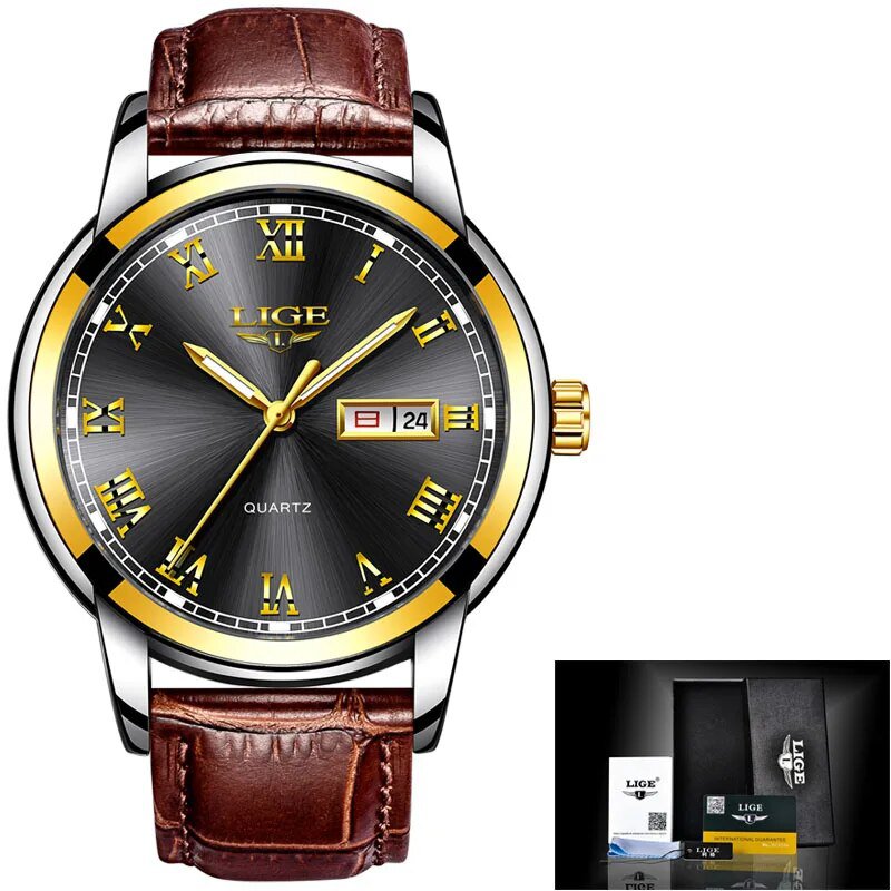 gold black leather_Top Luxury Brand Men Sports Watch Male Casual Full steel Date Wristwatches Men's 