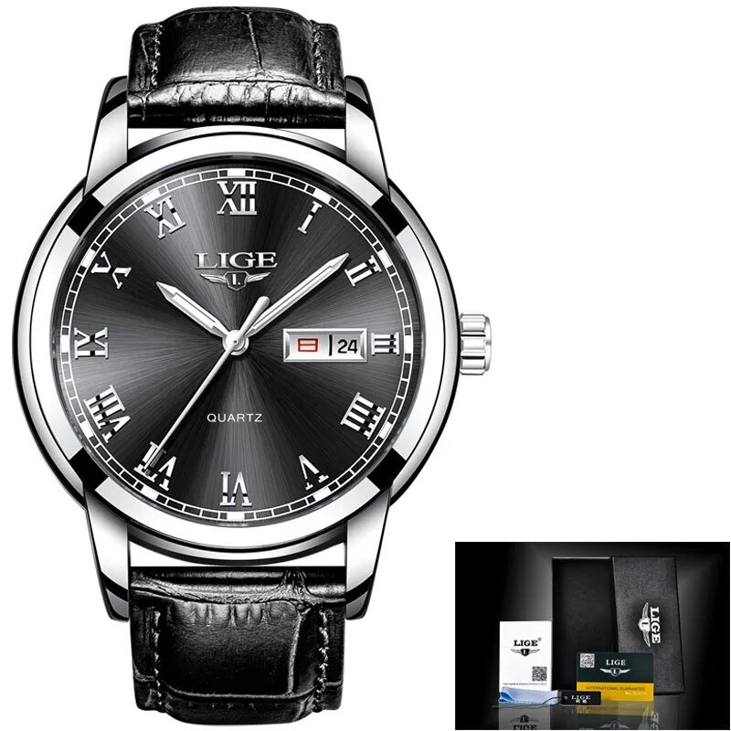 silver black leather_Top Luxury Brand Men Sports Watch Male Casual Full steel Date Wristwatches Men'