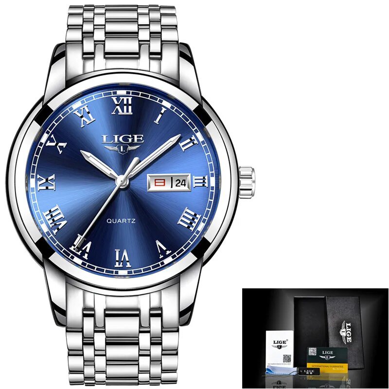 silver blue steel_Top Luxury Brand Men Sports Watch Male Casual Full steel Date Wristwatches Men's Q