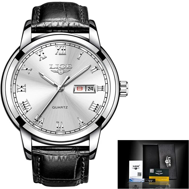 silver white leather_Top Luxury Brand Men Sports Watch Male Casual Full steel Date Wristwatches Men'