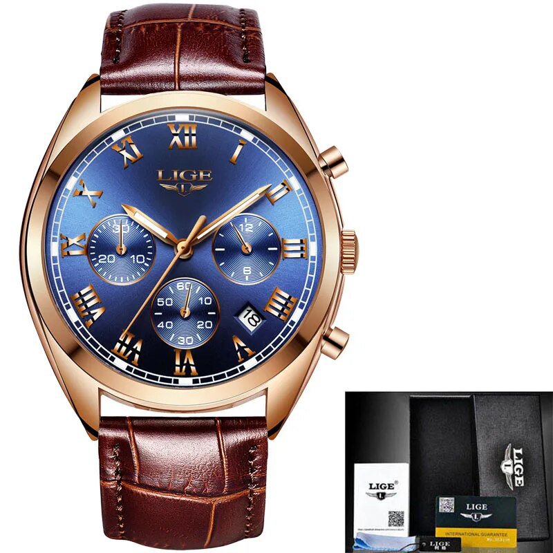 Gold blue leather_2023  Watches Men Brand Luxury Watch For Men Waterproof Chronograph Quartz Clock F