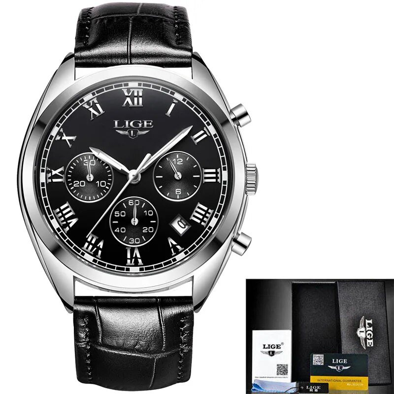 Silver black leather_2023  Watches Men Brand Luxury Watch For Men Waterproof Chronograph Quartz Cloc