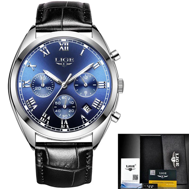 Silver blue leather_2023  Watches Men Brand Luxury Watch For Men Waterproof Chronograph Quartz Clock