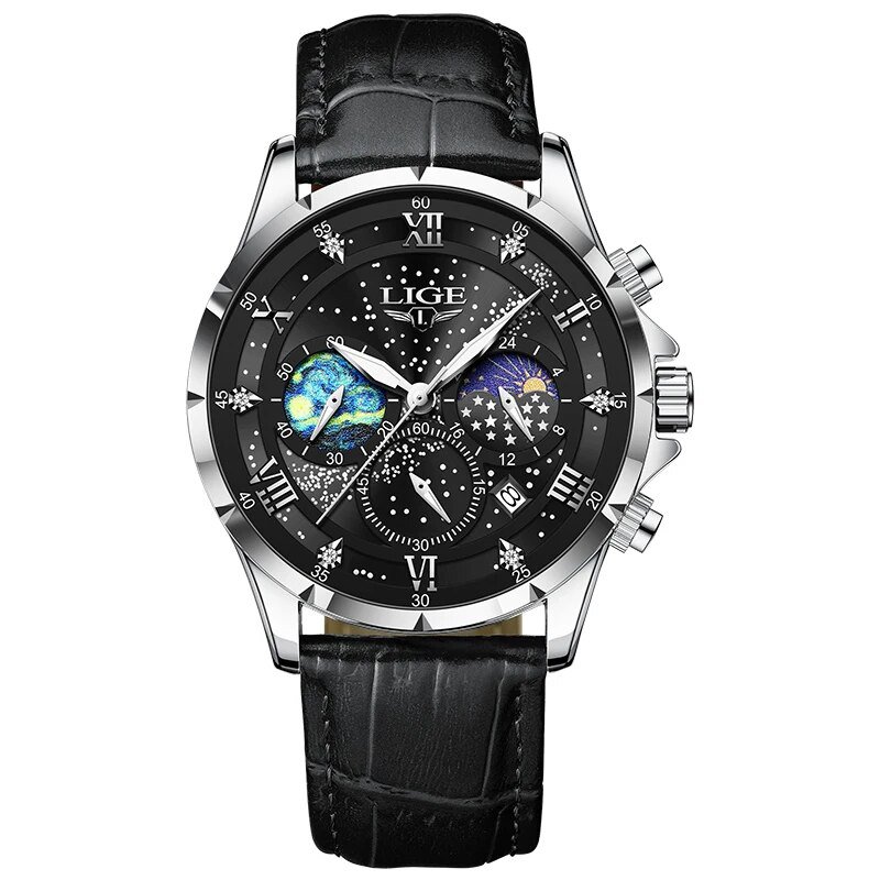 Silver black_2023  Mens Watches  Top Brand Luxury Leather Casual Quartz Watch Men's Sport Waterproof