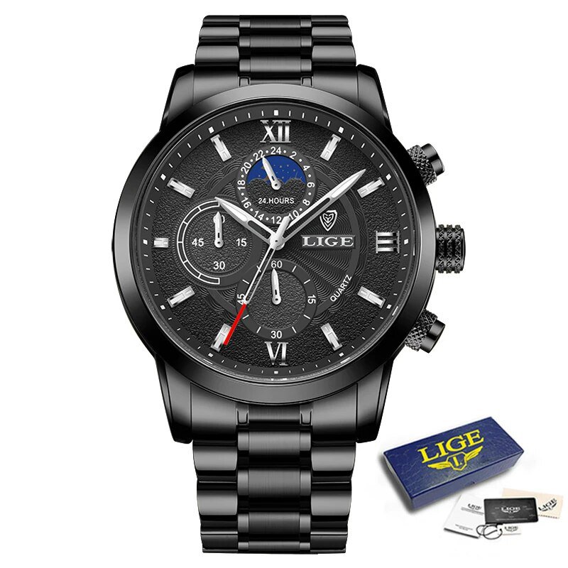 All  black_Top Brand Luxury Multifunction Mens Watches Casual Silver Quartz Watch Men Sport Waterpro
