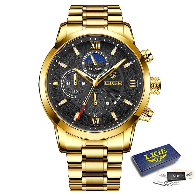Gold black_Top Brand Luxury Multifunction Mens Watches Casual Silver Quartz Watch Men Sport Waterpro