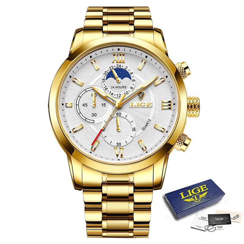 Gold white_Top Brand Luxury Multifunction Mens Watches Casual Silver Quartz Watch Men Sport Waterpro