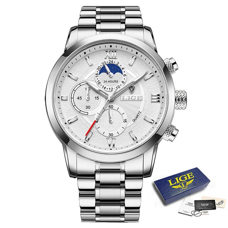 Silver_Top Brand Luxury Multifunction Mens Watches Casual Silver Quartz Watch Men Sport Waterproof C