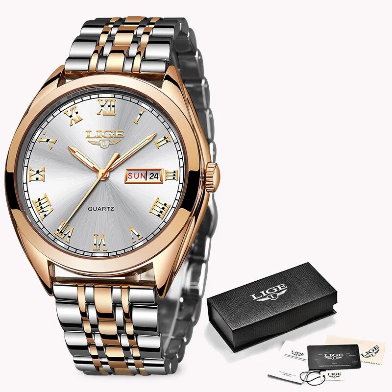 Rose gold white S_Watches Men Waterproof Stainless Steel Luxury Analogue Wrist Watches Week Display 
