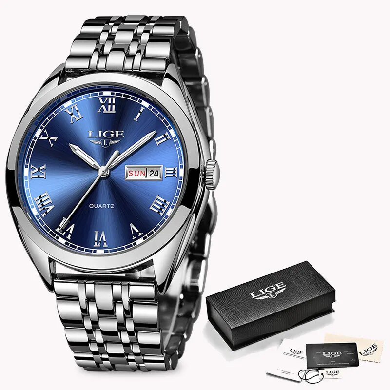 Silver blue S_Watches Men Waterproof Stainless Steel Luxury Analogue Wrist Watches Week Display Date