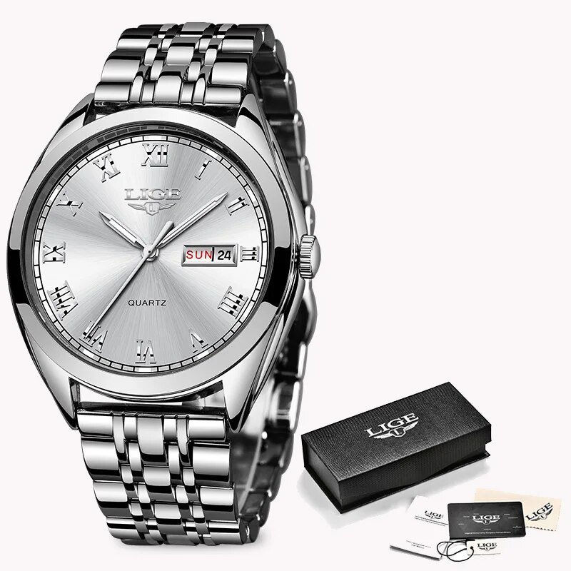 Silver white S_Watches Men Waterproof Stainless Steel Luxury Analogue Wrist Watches Week Display Dat