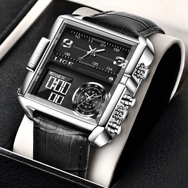 Silver black_2021  Casual Leather Mens Watches Top Brand Luxury Double Quartz Watch For Men Waterpro