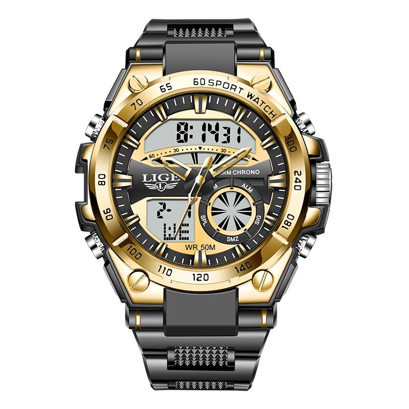 Gold_Digital Men Military Watch 50m Waterproof Wristwatch LED Quartz Clock Sport Watch Male Big Watc
