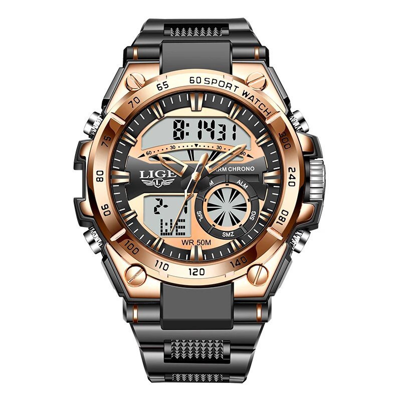Rose gold black_Digital Men Military Watch 50m Waterproof Wristwatch LED Quartz Clock Sport Watch Ma
