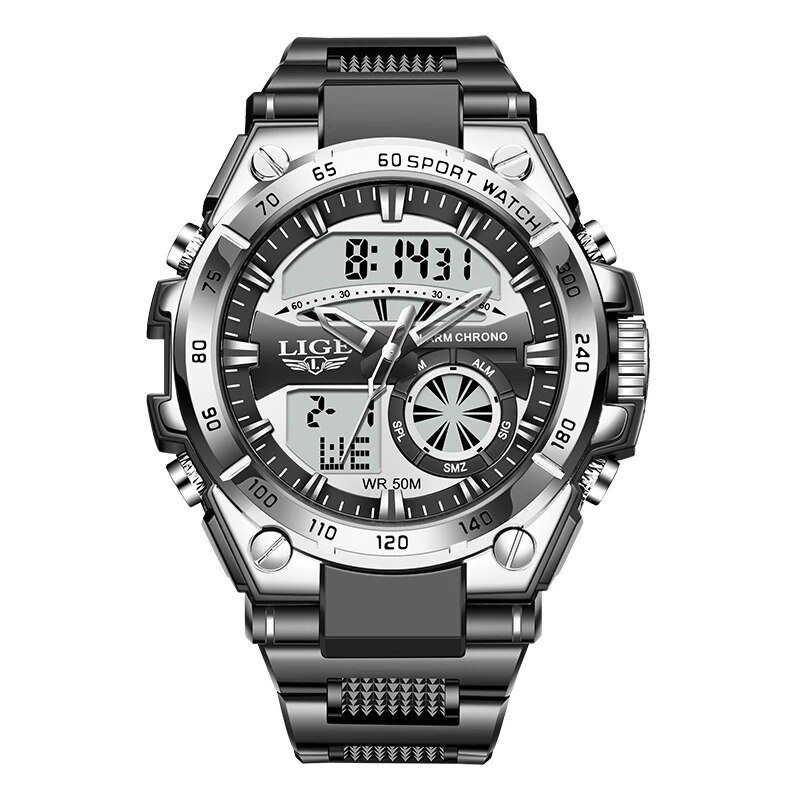 Silver  black_Digital Men Military Watch 50m Waterproof Wristwatch LED Quartz Clock Sport Watch Male
