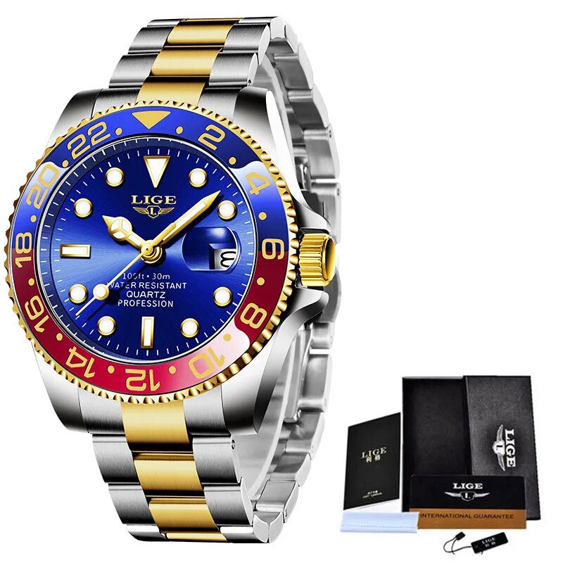 gold blue_2021  Diver Watch For Men  Brand Luxury Stainless Steel Waterproof Quartz Date Wrist Watch
