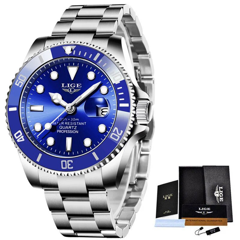 Silver blue_2021  Diver Watch For Men  Brand Luxury Stainless Steel Waterproof Quartz Date Wrist Wat