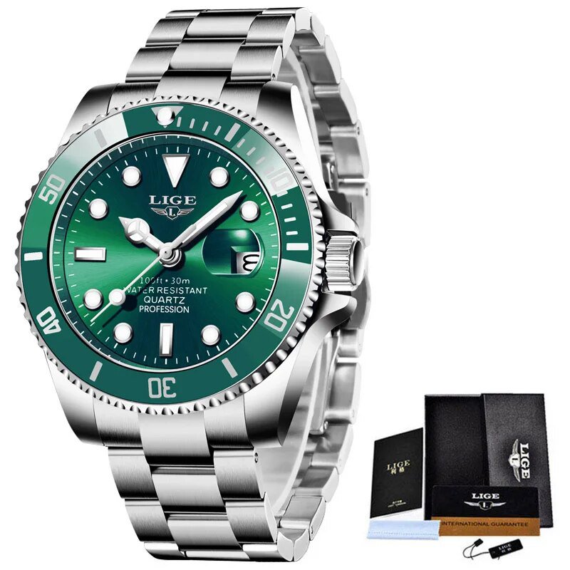 Silver green_2021  Diver Watch For Men  Brand Luxury Stainless Steel Waterproof Quartz Date Wrist Wa