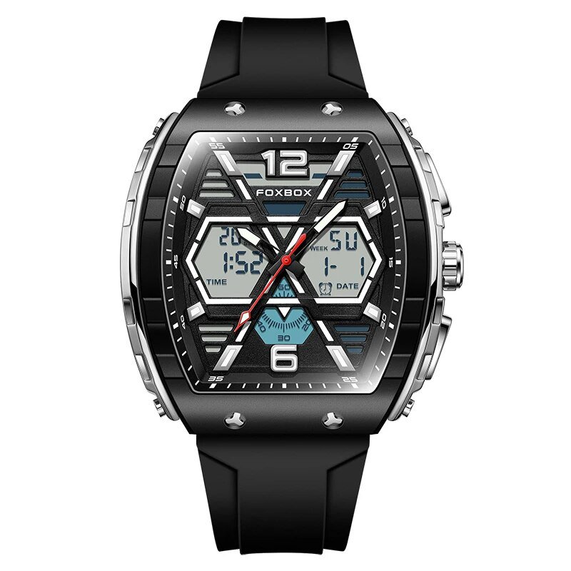 Silver black_Luxury LCD Display Men Wristwatches Luminous Sport Man Watch Waterproof Military Quartz