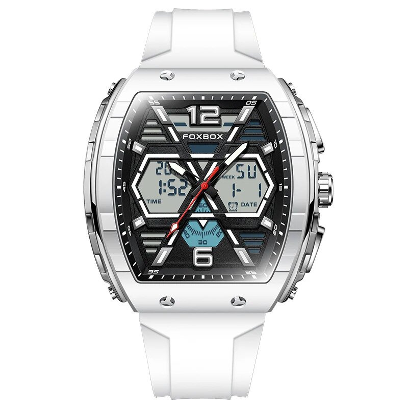 Silver white_Luxury LCD Display Men Wristwatches Luminous Sport Man Watch Waterproof Military Quartz