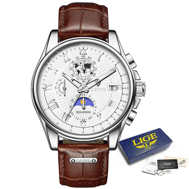 Silver white 2_Watches Mens 2022  Top Brand Luxury Casual Leather Quartz Men's Watch Business Clock 