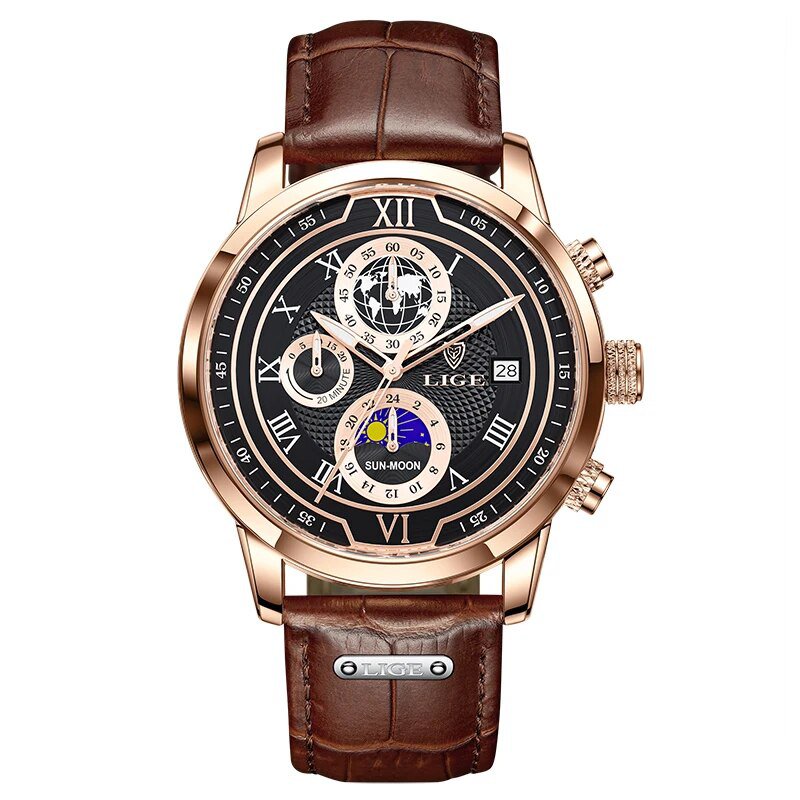 Rose gold black_2022  Mens Watches  Top Brand Leather Chronograph Waterproof Sport Automatic Date Qu