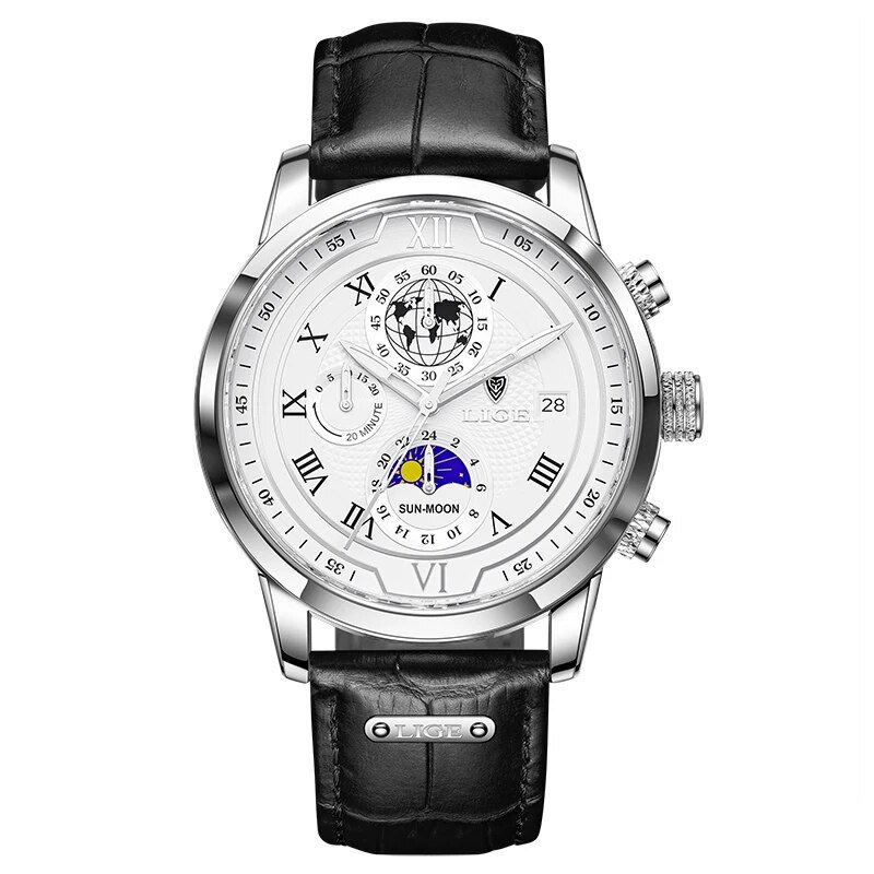 Silver white_2022  Mens Watches  Top Brand Leather Chronograph Waterproof Sport Automatic Date Quart