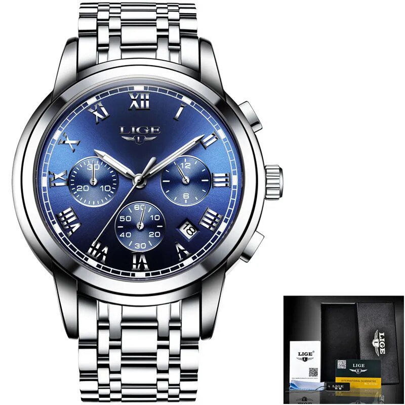 Silver blue_Mens Watches Top Brand Luxury Fashion Quartz Gold Watch Men's Business Stainless Steel W
