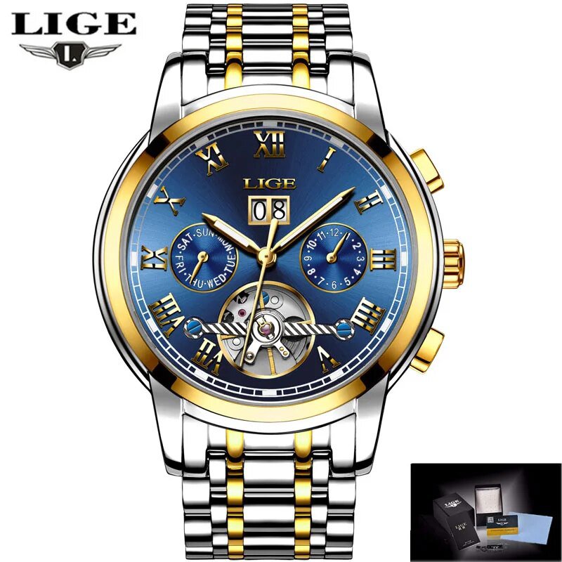 Gold blue_2022  Mens Watches Automatic Mechanical Watch Tourbillon Sport Clock Leather Casual Busine