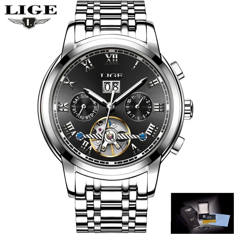 Silver  black_2022  Mens Watches Automatic Mechanical Watch Tourbillon Sport Clock Leather Casual Bu