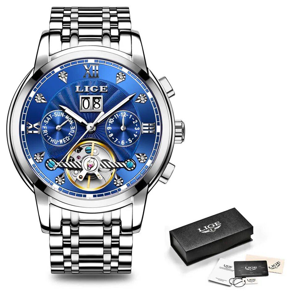 Silver blue 2_2022  Mens Watches Automatic Mechanical Watch Tourbillon Sport Clock Leather Casual Bu