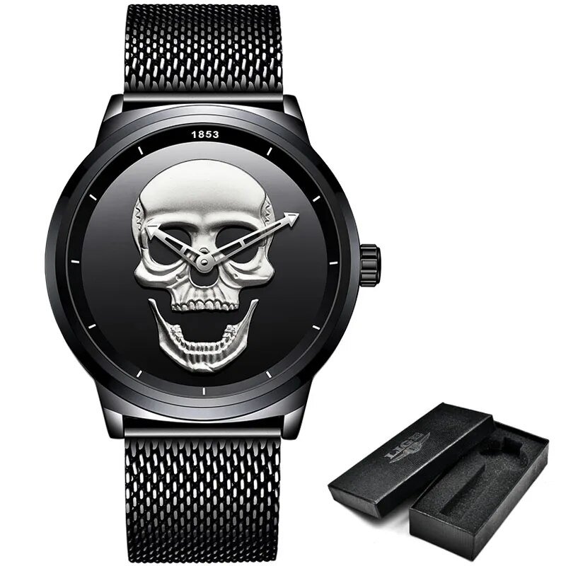 Black silver_Skeleto Men Watch Top Brand Casual 3D Skull Full Steel Waterproof Military Sports Male 