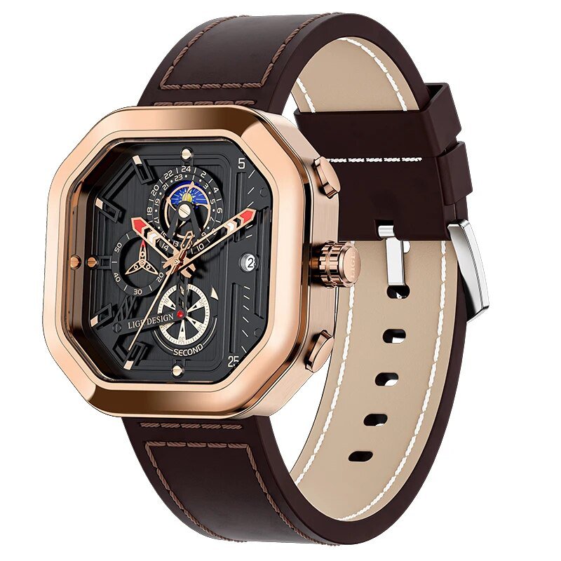Gold black_Fashion Square Dial Leather Mens Watches Luxury Sport Waterproof Watch Men Chronograph Qu