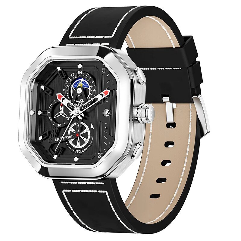 Silver black_Fashion Square Dial Leather Mens Watches Luxury Sport Waterproof Watch Men Chronograph 