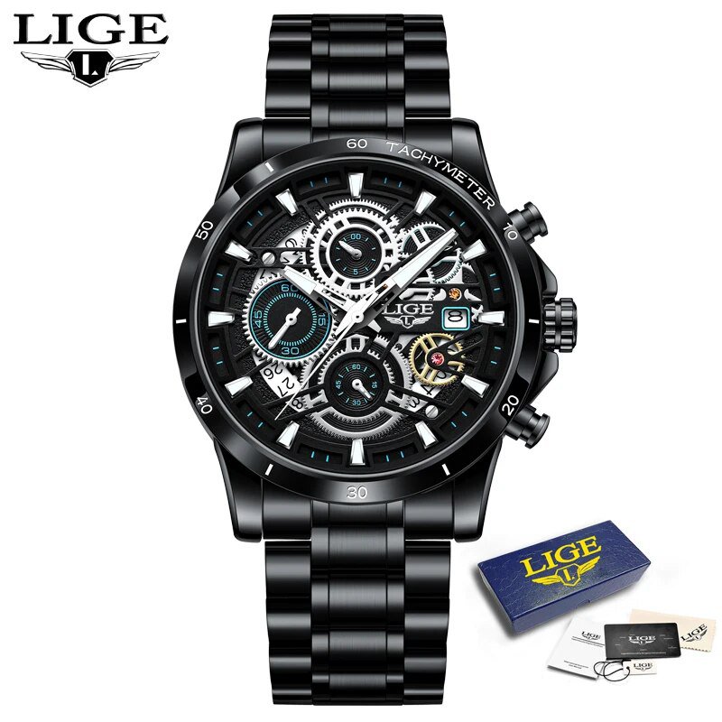 Black blue S_2023  Mens Watches Top Brand Stainless Steel Hollow Sports Waterproof Quartz Watch Men 