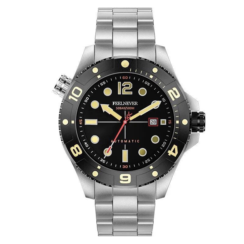 Silver black_FeelNever Profession Dive Sport Men Automatic Mechanical Watches Stainless Steel Sapphi