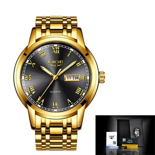 Black gold S_Gold Men Watch Waterproof Stainless Steel with date week Quartz Watches Men's Luxury Bu