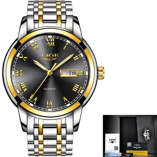 Gold black S_Gold Men Watch Waterproof Stainless Steel with date week Quartz Watches Men's Luxury Bu